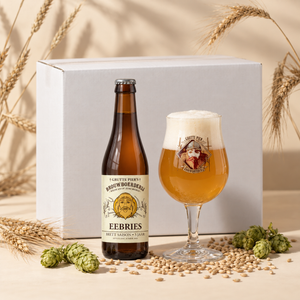 EEBRIES doos 12×33cl met een EEBRIES-fles en een glas bier als serveersuggestie.