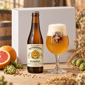 POMPEL doos 12×33cl met fles en glas als serveersuggestie.