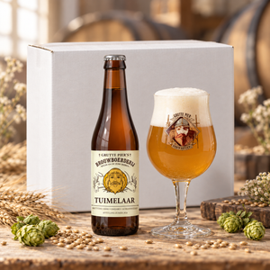 TUIMELAAR doos 12×33cl met fles en glas als serveersuggestie.